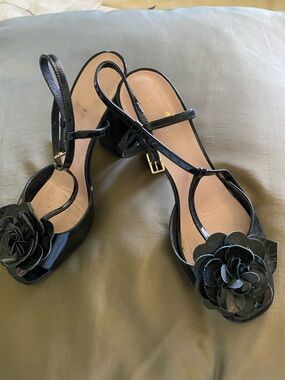 kate spade Black Patent T-Strap Heels with Floral Rosette